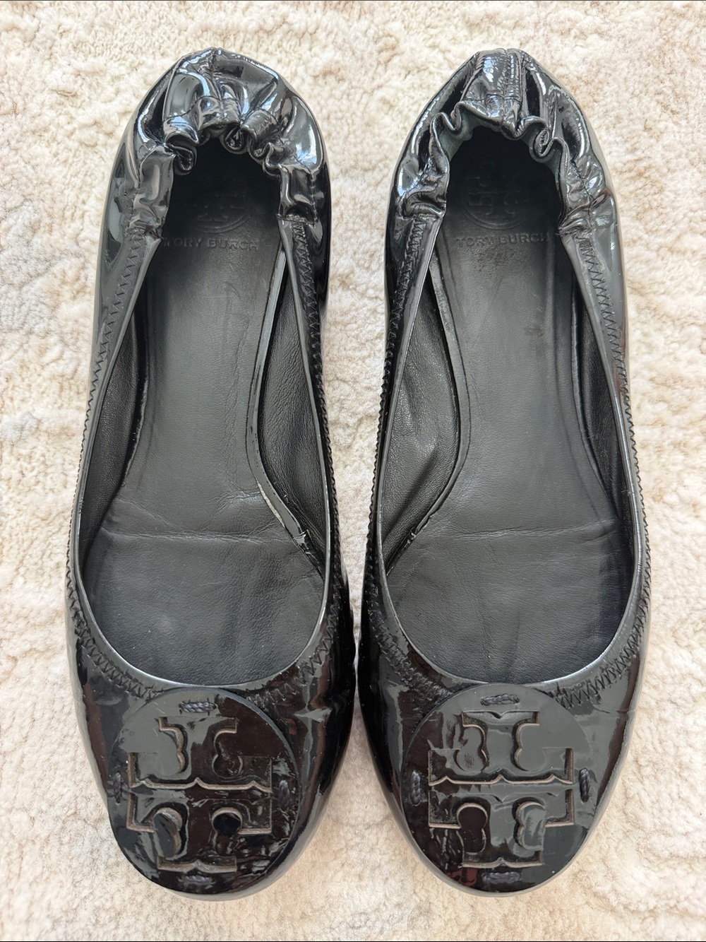 Tory Burch Black Patent Logo Round-Toe Ballet Flats